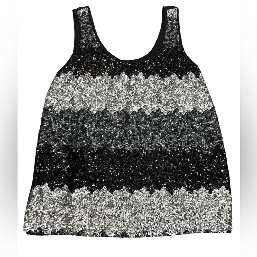 B Jewel Black Silver Sequin Fairy Grunge Sleeveless Stripe Glam Party Top M